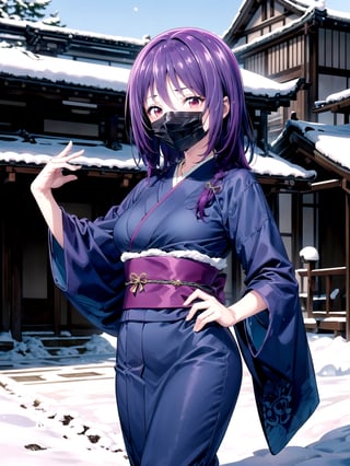 //Quality,
(masterpiece), (best quality), 8k illustration,
,//Character,
1girl, solo, 
,//Fashion,
details (dark blue silk brocade kimono)
,//Background,
Kyoto, outdoors, winter, snow
,//Others,
virus, mask, goodbye pose,Yuzuki