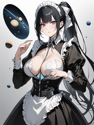 score_9,score_8_up,score_7_up,score_6_up, masterpiece, best quality, highres
,//Character, 
1girl, solo,narberal gamma \(overlord\), long hair, black hair, glay eyes, bangs, ponytail, medium breats
,//Fashion, 
maid
,//Background, 
,//Others, ,Expressiveh, 
A girl unzipping the sky like a giant zipper, revealing a cosmic realm filled with planets and nebulae behind it.