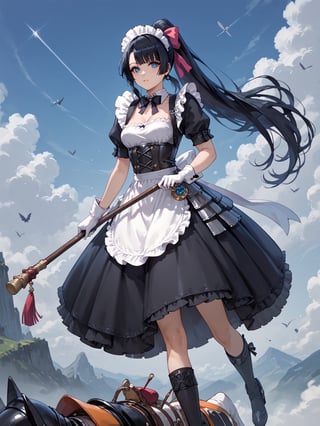 score_9,score_8_up,score_7_up,score_6_up, masterpiece, best quality, highres
,//Character, 
1girl, solo,narberal gamma \(overlord\), long hair, black hair, glay eyes, bangs, ponytail, medium breats
,//Fashion, 
ribbon, bow, maid, dress, armor, gloves
,//Background, 
,//Others, ,Expressiveh, female focus,
A girl riding a giant pencil like a witch's broomstick, soaring through a sky filled with floating mathematical equations.