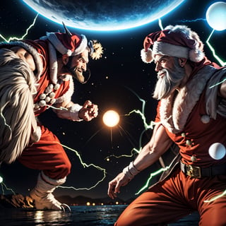 masterpiece,best quality,highly detailed, intricate design, Santa, white beard, gentle smile,looking at another, Close-up of Santa, charging, (energy ball), electricity, aura, kamehameha , BREAK universe, duel, looking at another, kaijuu, giant monster,