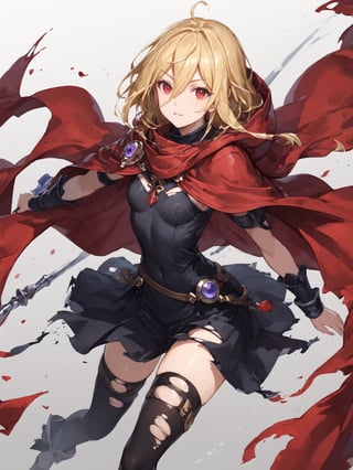 score_9,score_8_up,score_7_up,score_6_up, masterpiece, best quality, 8k, 8k UHD, ultra-high resolution, ultra-high definition, highres
,//Character, 
1girl, solo,Evileye \(overlord\), blonde hair, red eyes, hair between eyes, small breasts
,//Fashion, 
hood, black dress, torn clothes, covered navel, red cloak, hooded cloak, black thighhighs, torn thighhighs, 
hood up
,//Background, white_background
,//Others, ,Expressiveh,
dynamic pose, energy ball charging