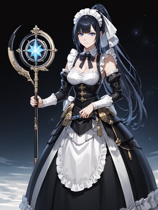 score_9,score_8_up,score_7_up,score_6_up, masterpiece, best quality, highres
,//Character, 
1girl, solo,narberal gamma \(overlord\), long hair, black hair, glay eyes, bangs, ponytail, medium breats
,//Fashion, 
maid
,//Background, 
,//Others, ,Expressiveh, 
A girl painting the night sky with a gigantic paintbrush, creating stars and galaxies with each stroke.