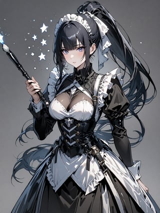 score_9,score_8_up,score_7_up,score_6_up, masterpiece, best quality, highres
,//Character, 
1girl, solo,narberal gamma \(overlord\), long hair, black hair, glay eyes, bangs, ponytail, medium breats
,//Fashion, 
maid
,//Background, 
,//Others, ,Expressiveh, 
A girl painting the night sky with a gigantic paintbrush, creating stars and galaxies with each stroke.