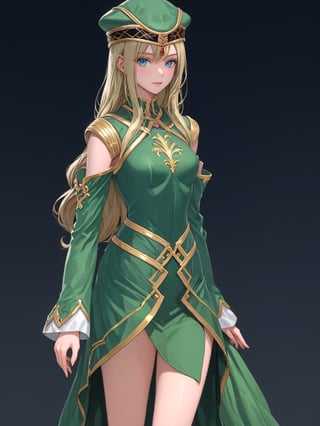 //Character, solo, Frey_VP, 1girl, blue eyes, long hair, blonde hair, 
//Fashion, hat, green dress, detached sleeves, green footwear, 
//Background, simple background, 
//Quality, (masterpiece), best quality, ultra-high resolution, ultra-high definition, highres, intricate, intricate details, absurdres, highly detailed, finely detailed, ultra-detailed, ultra-high texture quality, natural lighting, natural shadow, dramatic shading, dramatic lighting, vivid colour, perfect anatomy, 
//Others, 