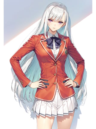 //Character, solo, 1girl, white hair, purple eyes,
//Fashion, school uniform, red jacket, pleated skirt,
//Background, simple background, 
//Quality, (masterpiece), best quality, ultra-high resolution, ultra-high definition, highres, intricate, intricate details, absurdres, highly detailed, finely detailed, ultra-detailed, ultra-high texture quality, natural lighting, natural shadow, dramatic shading, dramatic lighting, vivid colour, perfect anatomy, 
//Others, 