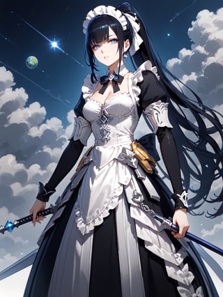 score_9,score_8_up,score_7_up,score_6_up, masterpiece, best quality, highres
,//Character, 
1girl, solo,narberal gamma \(overlord\), long hair, black hair, glay eyes, bangs, ponytail, medium breats
,//Fashion, 
maid
,//Background, 
,//Others, ,Expressiveh, 
A girl unzipping the sky like a giant zipper, revealing a cosmic realm filled with planets and nebulae behind it.