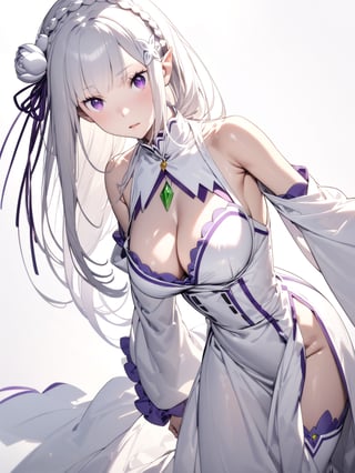 //Character, solo,emilia \(re_zero\), 1girl, long hair, white hair, purple eyes crown braid, pointy ears, 
//Fashion, white dress, hair ornament, hair ribbon, purple ribbon, bare shoulders, cleavage, white footwear,
//Background, simple background, 
//Quality, (masterpiece), best quality, ultra-high resolution, ultra-high definition, highres, intricate, intricate details, absurdres, highly detailed, finely detailed, ultra-detailed, ultra-high texture quality, natural lighting, natural shadow, dramatic shading, dramatic lighting, vivid colour, perfect anatomy, 
//Others, 