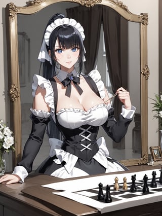 score_9,score_8_up,score_7_up,score_6_up, masterpiece, best quality, highres
,//Character, 
1girl, solo,narberal gamma \(overlord\), long hair, black hair, glay eyes, bangs, ponytail, medium breats
,//Fashion, 
maid
,//Background, 
,//Others, ,Expressiveh, 
A girl playing chess with her own reflection in a mirror, but the reflection is moving the pieces independently.