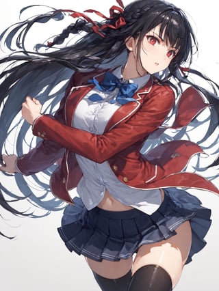 score_9,score_8_up,score_7_up,score_6_up, masterpiece, best quality, 8k, 8k UHD, ultra-high resolution, ultra-high definition, highres
,//Character, 
1girl, solo,HorikitaSuzune, long hair, black hair, shiny hair, red eyes, bangs, braid
,//Fashion, 
school uniform, red jacket, hair ribbon, white shirt, pleated skirt, thighhighs
,//Background, white_background
,//Others, ,Expressiveh,
fighting stance, dynamic pose