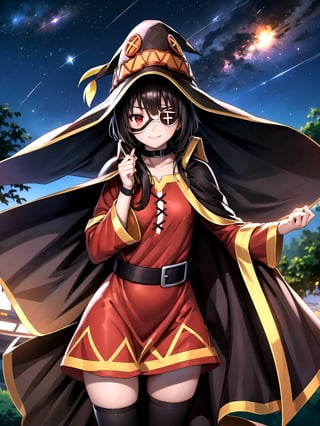 //Quality,
(masterpiece), (best quality), 8k illustration
,//Character,
1girl, solo, smile
,//Fashion,
,//Background,
night sky, meteor,  
,//Others,
make a wish,Megu-KJ , megu dress , megu cape , asymmetrical legwear, right thighhighs, eyepatch,Megu-KJ,liangxing