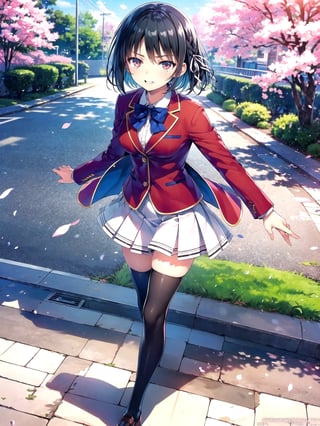 //Quality,
(masterpiece), (best quality), 8k illustration
,//Character,
1girl, solo
,//Fashion,
,//Background,
school gate, cherry blossoms
,//Others,
,aasuzune, short hair, black hair, (single braid:1.2), hair ribbon, red jacket, blazer, blue bowtie, long sleeves, white skirt, black thighhighs, happy tears, smile