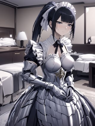 //Quality,
masterpiece, best quality, detailed
,//Character,
1girl, solo
,//Fashion,
,//Background,
hotel room
,//Others,
,narberal gamma \(overlord\), 1girl, long hair, black hair, glay eyes, bangs, ponytail, medium breats, ribbon, bow, maid, dress, armor, gloves, 