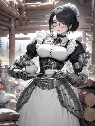 //Quality,
masterpiece, best quality, detailed
,//Character,
,Yuri Alpha \(overlord\), 1girl, solo, grey eyes, glasses, black hair, hair bun, breasts
,//Fashion,
dress, broach, choker, maid, armor, gauntlets, corset
,//Background,
log house, pouring tea
,//Others,
