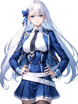 score_9,score_8_up,score_7_up,score_6_up, masterpiece, best quality
,//Character, 
1girl, solo,RiseliaRayCrystalia, very long hair, white hair, braid, blue eyes, medium breasts
,//Fashion, 
earrings, hair bow, long sleeves, white shirt, collared shirt, black necktie, blue jacket, blue skirt, pleated skirt, black thighhighs, belt
,//Background, white_background
,//Others,
making a V sign, smile,Expressiveh