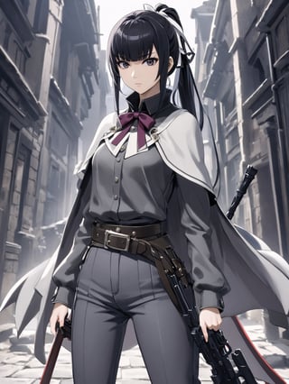 //Quality,
masterpiece, best quality, detailed
,//Character,
1girl, solo
,//Fashion,
,//Background,
,//Others,
,narberal gamma \(overlord\), 1girl, long hair, black hair, glay eyes, bangs, ponytail, medium breats, hair ribbon, long sleeves, capelet, belt, pants, weapon