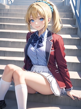 //Quality,
masterpiece, best quality, detailed
,//Character,
1girl, solo,KaruizawaKei, 1girl, blue eyes, blonde hair, ponytail, bangs, breasts, hair ornament
,//Fashion,
school uniform, red jacket, open jacket, hair scrunchie, bowtie, white skirt, pleated skirt, kneehighs, white socks, shoes
,//Background,
school stairs
,//Others,
sitting, smile