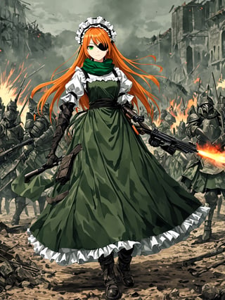 //Quality,
masterpiece, best quality, detailed
,//Character,
,cz2128_delta \(overlord\), 1girl, solo, long hair, green eyes, orange hair, eyepatch, expressionless
,//Fashion,
maid, maid headdress, camouflage, green scarf, gloves, dress, boots, armor
,//Background,
battle ground
,//Others,
holding gun