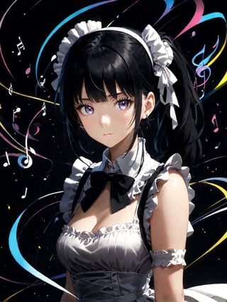 score_9,score_8_up,score_7_up,score_6_up, masterpiece, best quality, highres
,//Character, 
1girl, solo,narberal gamma \(overlord\), long hair, black hair, glay eyes, bangs, ponytail, medium breats
,//Fashion, 
maid
,//Background, 
,//Others, ,Expressiveh, 
A girl wearing headphones, with music notes visibly flowing out and transforming the world around her into colorful, abstract shapes.