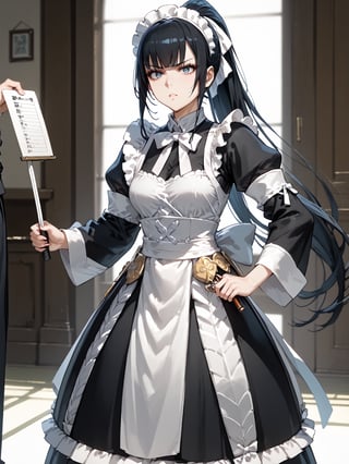 score_9,score_8_up,score_7_up,score_6_up, masterpiece, best quality, highres
,//Character, 
1girl,narberal gamma \(overlord\), long hair, black hair, glay eyes, bangs, ponytail, medium breats
,//Fashion, 
maid
,//Background, 
,//Others, ,Expressiveh, 
A determined young girl in a karate gi, practicing her kata with intense focus.