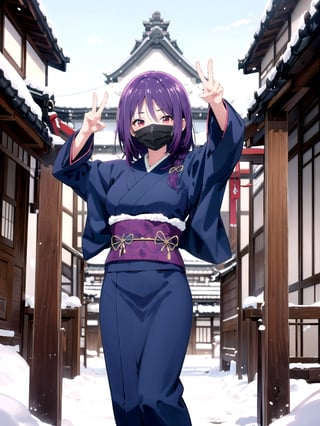 //Quality,
(masterpiece), (best quality), 8k illustration,
,//Character,
1girl, solo, 
,//Fashion,
details (dark blue silk brocade kimono)
,//Background,
Kyoto, outdoors, winter, snow
,//Others,
virus, mask, goodbye pose,Yuzuki