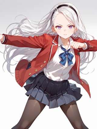 score_9,score_8_up,score_7_up,score_6_up, masterpiece, best quality, 8k, 8k UHD, ultra-high resolution, ultra-high definition, highres
,//Character, 
1girl, solo, long hair, white hair, purple eyes
,//Fashion, 
school uniform, red jacket, pantyhose, pleated skirt, hairband
,//Background, white_background
,//Others, ,Expressiveh,
fighting stance, dynamic pose,forehead