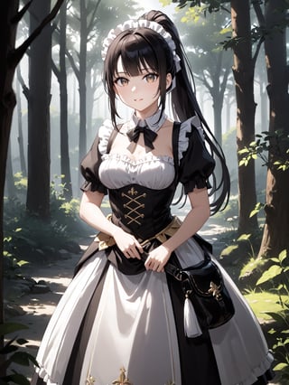 score_9,score_8_up,score_7_up,score_6_up, masterpiece, best quality, highres
,//Character, 
1girl,narberal gamma \(overlord\), long hair, black hair, glay eyes, bangs, ponytail, medium breats
,//Fashion, 
maid
,//Background, 
,//Others, ,Expressiveh, 
A young girl with long brown hair and bright eyes, standing at the edge of a magical forest. She's wearing a simple dress and holding a small backpack. Sunlight filters through the trees, creating a mystical atmosphere. The girl looks excited and slightly nervous.