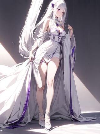 //Character, solo,emilia \(re_zero\), 1girl, long hair, white hair, purple eyes crown braid, pointy ears, 
//Fashion, white dress, hair ornament, hair ribbon, purple ribbon, bare shoulders, cleavage, white footwear,
//Background, simple background, 
//Quality, (masterpiece), best quality, ultra-high resolution, ultra-high definition, highres, intricate, intricate details, absurdres, highly detailed, finely detailed, ultra-detailed, ultra-high texture quality, natural lighting, natural shadow, dramatic shading, dramatic lighting, vivid colour, perfect anatomy, 
//Others, 