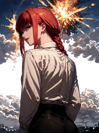 score_9,score_8_up,score_7_up,score_6_up, masterpiece, best quality, 8k, 8k UHD, ultra-high resolution, ultra-high definition, highres
,//Character, 
1girl, solo,makima_v1, red hair, ringed eyes, braided ponytail
,//Fashion, 
black necktie, shirt, collared shirt, black_pants
,//Background, white_background
,//Others, ,Expressiveh,ArtoriaPendragon, explosion, back view, looking at viewer, looking back, fang
