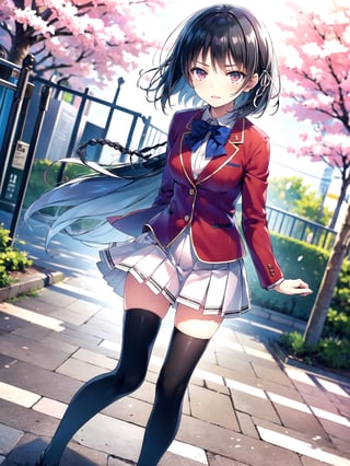 //Quality,
(masterpiece), (best quality), 8k illustration
,//Character,
1girl, solo
,//Fashion,
,//Background,
school gate, cherry blossoms
,//Others,
,aasuzune, short hair, black hair, (single braid:1.2), hair ribbon, red jacket, blazer, blue bowtie, long sleeves, white skirt, black thighhighs, happy tears, smile