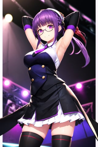 (best quality),(masterpiece),(ultra detailed),(highres),production art,solo,1girl, solo, hat, glasses, necktie, armpits, thighhighs, purple hair, smile, green-framed eyewear, looking at viewer, skirt, purple eyes, arms behind head, medium breasts, gloves, arms up, idol, breasts, bangs, stage, black thighhighs, semi-rimless eyewear, white headwear, zettai ryouiki, elbow gloves, sleeveless, stage lights, under-rim eyewear, beret, detached sleeves, standing, white skirt, shirt, ,so-bin