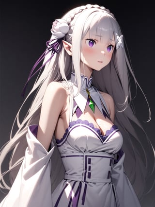 //Character, solo,emilia \(re_zero\), 1girl, long hair, white hair, purple eyes crown braid, pointy ears, 
//Fashion, white dress, hair ornament, hair ribbon, purple ribbon, bare shoulders, cleavage, white footwear,
//Background, simple background, 
//Quality, (masterpiece), best quality, ultra-high resolution, ultra-high definition, highres, intricate, intricate details, absurdres, highly detailed, finely detailed, ultra-detailed, ultra-high texture quality, natural lighting, natural shadow, dramatic shading, dramatic lighting, vivid colour, perfect anatomy, 
//Others, 