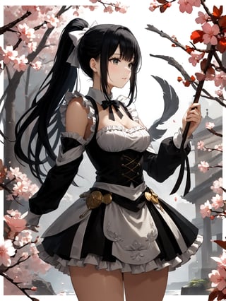 score_9,score_8_up,score_7_up,score_6_up, masterpiece, best quality, highres
,//Character, 
1girl,narberal gamma \(overlord\), long hair, black hair, glay eyes, bangs, ponytail, medium breats
,//Fashion, 
maid
,//Background, 
,//Others, ,Expressiveh, 
A shy schoolgirl peeking from behind a cherry blossom tree, soft petals falling around her.