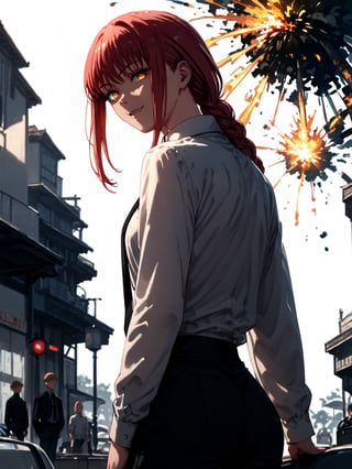 score_9,score_8_up,score_7_up,score_6_up, masterpiece, best quality, 8k, 8k UHD, ultra-high resolution, ultra-high definition, highres
,//Character, 
1girl, solo,makima_v1, red hair, ringed eyes, braided ponytail
,//Fashion, 
black necktie, shirt, collared shirt, black_pants
,//Background, white_background
,//Others, ,Expressiveh,ArtoriaPendragon, explosion, back view, looking at viewer, looking back, fang