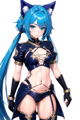 //Quality, masterpiece, best quality, detailmaster2, 8k, 8k UHD, ultra-high resolution, ultra-high definition, highres, 
//Character, 1girl, solo,MeracleChamlotte_SO4 cat_girl,blue_hair twintails green_eyes,
//Fashion, ,navel gloves thighhighs,
//Background, white background, 
//Others, 