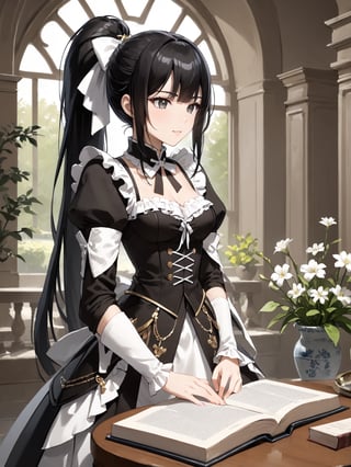 score_9,score_8_up,score_7_up,score_6_up, masterpiece, best quality, highres
,//Character, 
1girl,narberal gamma \(overlord\), long hair, black hair, glay eyes, bangs, ponytail, medium breats
,//Fashion, 
maid
,//Background, 
,//Others, ,Expressiveh, 
A tiny girl sitting on a massive book, using a blade of grass as a slide to reach the ground filled with oversized flowers.