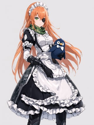 score_9,score_8_up,score_7_up,score_6_up, masterpiece, best quality
,//Character, 
1girl, solo,cz2128_delta \(overlord\), long hair, green eyes, orange hair, eyepatch
,//Fashion, 
maid, maid headdress, camouflage, green scarf, gloves, dress, armor
,//Background, white_background
,//Others,
(holding large Stuffed Penguin:1.4)