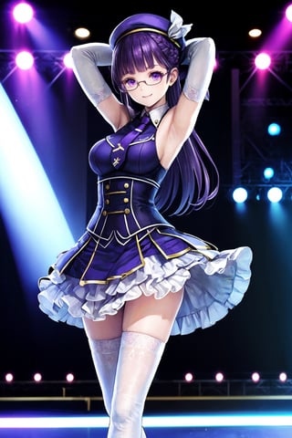 (best quality),(masterpiece),(ultra detailed),(highres),production art,solo,1girl, solo, hat, glasses, necktie, armpits, thighhighs, purple hair, smile, green-framed eyewear, looking at viewer, skirt, purple eyes, arms behind head, medium breasts, gloves, arms up, idol, breasts, bangs, stage, black thighhighs, semi-rimless eyewear, white headwear, zettai ryouiki, elbow gloves, sleeveless, stage lights, under-rim eyewear, beret, detached sleeves, standing, white skirt, shirt