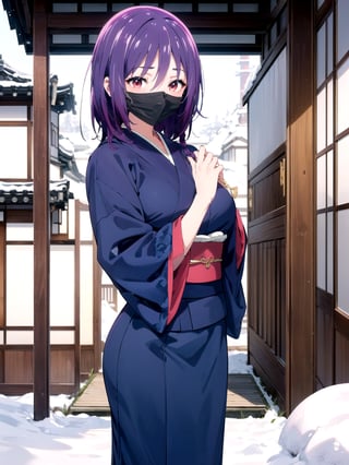 //Quality,
(masterpiece), (best quality), 8k illustration,
,//Character,
1girl, solo, 
,//Fashion,
details (dark blue silk brocade kimono)
,//Background,
Kyoto, outdoors, winter, snow
,//Others,
virus, mask, goodbye pose,Yuzuki