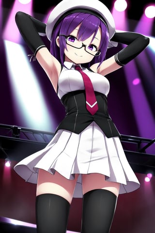 (best quality),(masterpiece),(ultra detailed),(highres),production art,solo,1girl, solo, hat, glasses, necktie, armpits, thighhighs, purple hair, smile, green-framed eyewear, looking at viewer, skirt, purple eyes, arms behind head, medium breasts, gloves, arms up, idol, breasts, bangs, stage, black thighhighs, semi-rimless eyewear, white headwear, zettai ryouiki, elbow gloves, sleeveless, stage lights, under-rim eyewear, beret, detached sleeves, standing, white skirt, shirt, takagi