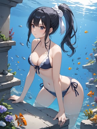 score_9,score_8_up,score_7_up,score_6_up, masterpiece, best quality, highres
,//Character, 
1girl,narberal gamma \(overlord\), long hair, black hair, glay eyes, bangs, ponytail, medium breats
,//Fashion, 
bikini
,//Background, 
,//Others, ,Expressiveh, 
A girl in scuba gear exploring an underwater library, with fish swimming between bookshelves and seaweed growing from old tomes.