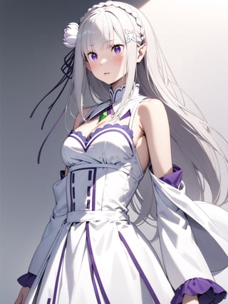 //Character, solo,emilia \(re_zero\), 1girl, long hair, white hair, purple eyes crown braid, pointy ears, 
//Fashion, white dress, hair ornament, hair ribbon, purple ribbon, bare shoulders, cleavage, white footwear,
//Background, simple background, 
//Quality, (masterpiece), best quality, ultra-high resolution, ultra-high definition, highres, intricate, intricate details, absurdres, highly detailed, finely detailed, ultra-detailed, ultra-high texture quality, natural lighting, natural shadow, dramatic shading, dramatic lighting, vivid colour, perfect anatomy, 
//Others, 