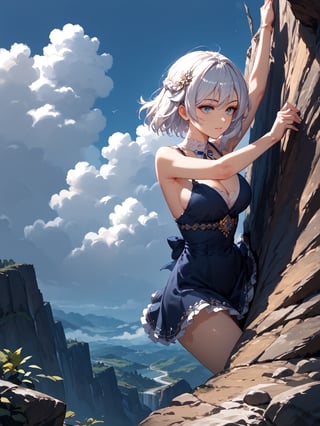 score_9,score_8_up,score_7_up,score_6_up, masterpiece, best quality, highres
,//Character, 
1girl, solo,SakayanagiArisu
,//Fashion, 

,//Background, 
,//Others, ,Expressiveh,
The girl climbing a steep, rocky cliff face. Her dress is slightly torn, and her hair is windswept. She's reaching for a handhold, determination evident on her face. Dark storm clouds gather in the background, adding drama to the scene.