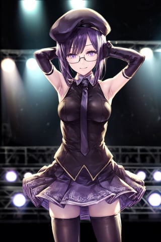 (best quality),(masterpiece),(ultra detailed),(highres),production art,solo,1girl, solo, hat, glasses, necktie, armpits, thighhighs, purple hair, smile, green-framed eyewear, looking at viewer, skirt, purple eyes, arms behind head, medium breasts, gloves, arms up, idol, breasts, bangs, stage, black thighhighs, semi-rimless eyewear, white headwear, zettai ryouiki, elbow gloves, sleeveless, stage lights, under-rim eyewear, beret, detached sleeves, standing, white skirt, shirt