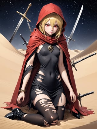 //Quality,
masterpiece, best quality, detailed
,//Character,
,Evileye \(overlord\), 1girl, solo, blonde hair, red eyes, hair between eyes, small breasts
,//Fashion,
hood, black dress, torn clothes, covered navel, red cloak, hooded cloak, black thighhighs, torn thighhighs, boots, black footwear
,//Background,
dune hill of Swords, starry_sky
,//Others,
hood up