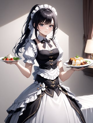 score_9,score_8_up,score_7_up,score_6_up, masterpiece, best quality, highres
,//Character, 
1girl,narberal gamma \(overlord\), long hair, black hair, glay eyes, bangs, ponytail, medium breats
,//Fashion, 
maid
,//Background, 
,//Others, ,Expressiveh, 
A girl conducting an orchestra of kitchen utensils, each spoon and fork playing itself while floating in mid-air.