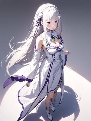 //Character, solo,emilia \(re_zero\), 1girl, long hair, white hair, purple eyes crown braid, pointy ears, 
//Fashion, white dress, hair ornament, hair ribbon, purple ribbon, bare shoulders, cleavage, white footwear,
//Background, simple background, 
//Quality, (masterpiece), best quality, ultra-high resolution, ultra-high definition, highres, intricate, intricate details, absurdres, highly detailed, finely detailed, ultra-detailed, ultra-high texture quality, natural lighting, natural shadow, dramatic shading, dramatic lighting, vivid colour, perfect anatomy, 
//Others, 