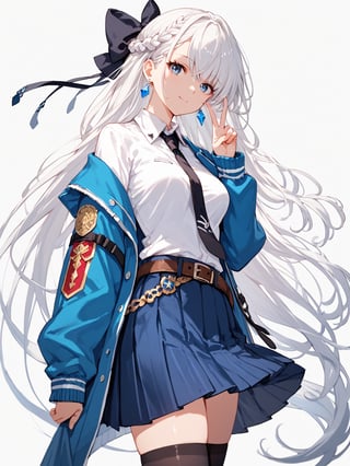 score_9,score_8_up,score_7_up,score_6_up, masterpiece, best quality
,//Character, 
1girl, solo,RiseliaRayCrystalia, very long hair, white hair, braid, blue eyes, medium breasts
,//Fashion, 
earrings, hair bow, long sleeves, white shirt, collared shirt, black necktie, blue jacket, blue skirt, pleated skirt, black thighhighs, belt
,//Background, white_background
,//Others,
v, :)