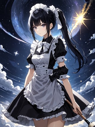 score_9,score_8_up,score_7_up,score_6_up, masterpiece, best quality, highres
,//Character, 
1girl,narberal gamma \(overlord\), long hair, black hair, glay eyes, bangs, ponytail, medium breats
,//Fashion, 
maid
,//Background, 
,//Others, ,Expressiveh, 
painting, stroke, night sky, gigantic paintbrush, creating stars and galaxies