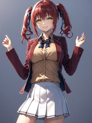 //Quality,
masterpiece, best quality, detailed
,//Character,
1girl, solo, AmasawaIchika, yellow eyes, red hair, twintails, medium breasts, bangs, hair between eyes, shiny hair, 
,//Fashion,
school uniform, red jacket, blazer, open jacket, long sleeves, open clothes, collared shirt, brown shirt, blue bowtie, hair ribbon, red ribbon, pleated skirt, white skirt, miniskirt, black footwear, black socks, loafers
,//Background,
,//Others,
standing, full body, closed mouth, smile