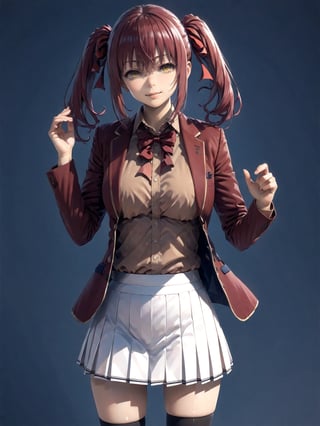 //Quality,
masterpiece, best quality, detailed
,//Character,
1girl, solo,AmasawaIchika, yellow eyes, red hair, twintails, medium breasts, bangs, hair between eyes, shiny hair, 
,//Fashion,
school uniform, red jacket, blazer, open jacket, long sleeves, open clothes, collared shirt, brown shirt, blue bowtie, hair ribbon, red ribbon, pleated skirt, white skirt, miniskirt, black footwear, black socks, loafers
,//Background,
,//Others,
standing, full body, closed mouth, smile, hand up, AmasawaIchika